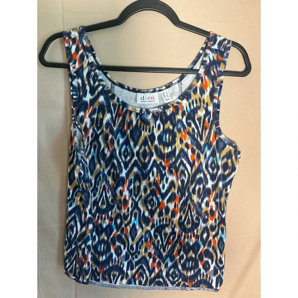 Denim & Company Tank Top Womens Large Blue Orange Ikat Scoop Neck Excellent